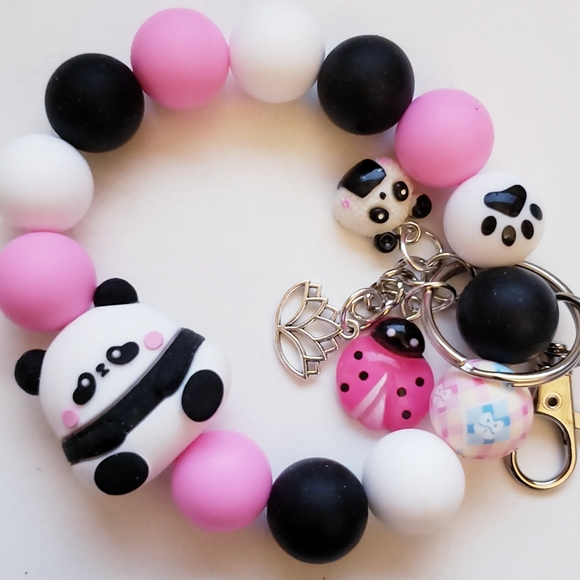 Handmade Accessories - Handmade Pink White Silicone Focal Beaded Kawaii Panda Wristlet Keychain 🐼
